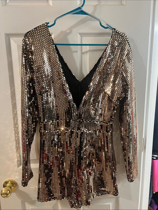 Charlotte Russe Pants - Gold Sequin V-Neck Long Sleeve Romper shorts
